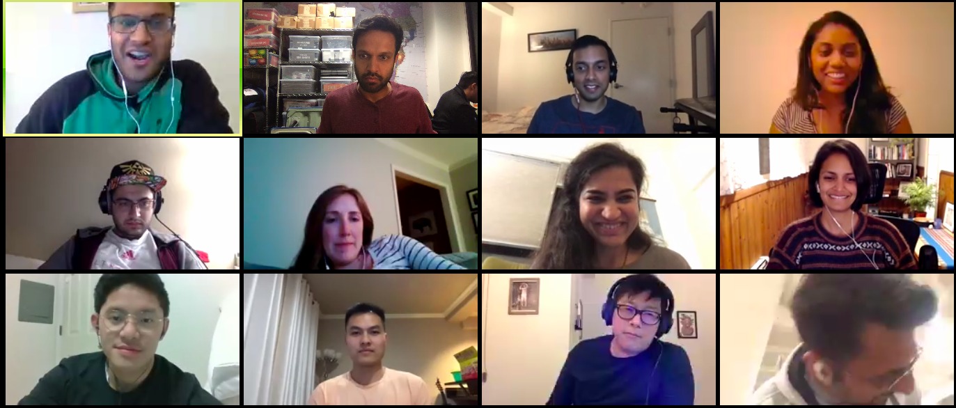 A group of remote teammates stay connected via video chat as they work from home